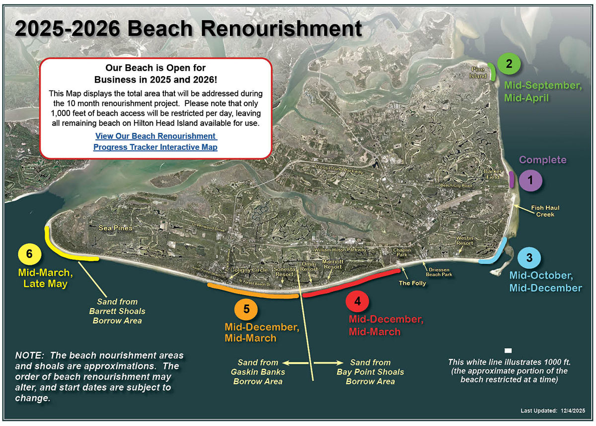 Map of Hilton Head Island with lines and dates showing construction areas