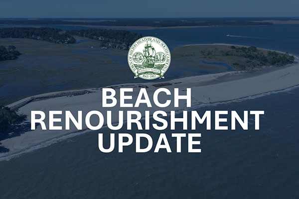 Beach Renourishment Project Update text with Town Logo over faded aerial beach photo