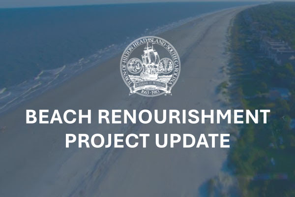 Beach Renourishment Project Update text with Town Logo over faded beach image