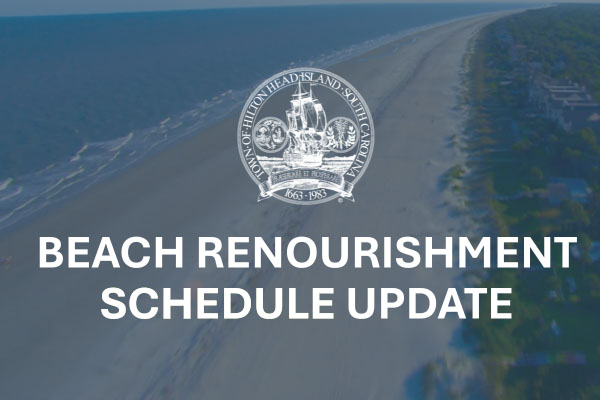 Town Logo and Beach Renourishment Schedule Update text over faded coastline beach arial image