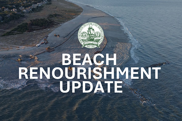 Beach Renourishment Project Update text with Town Logo over faded beach construction